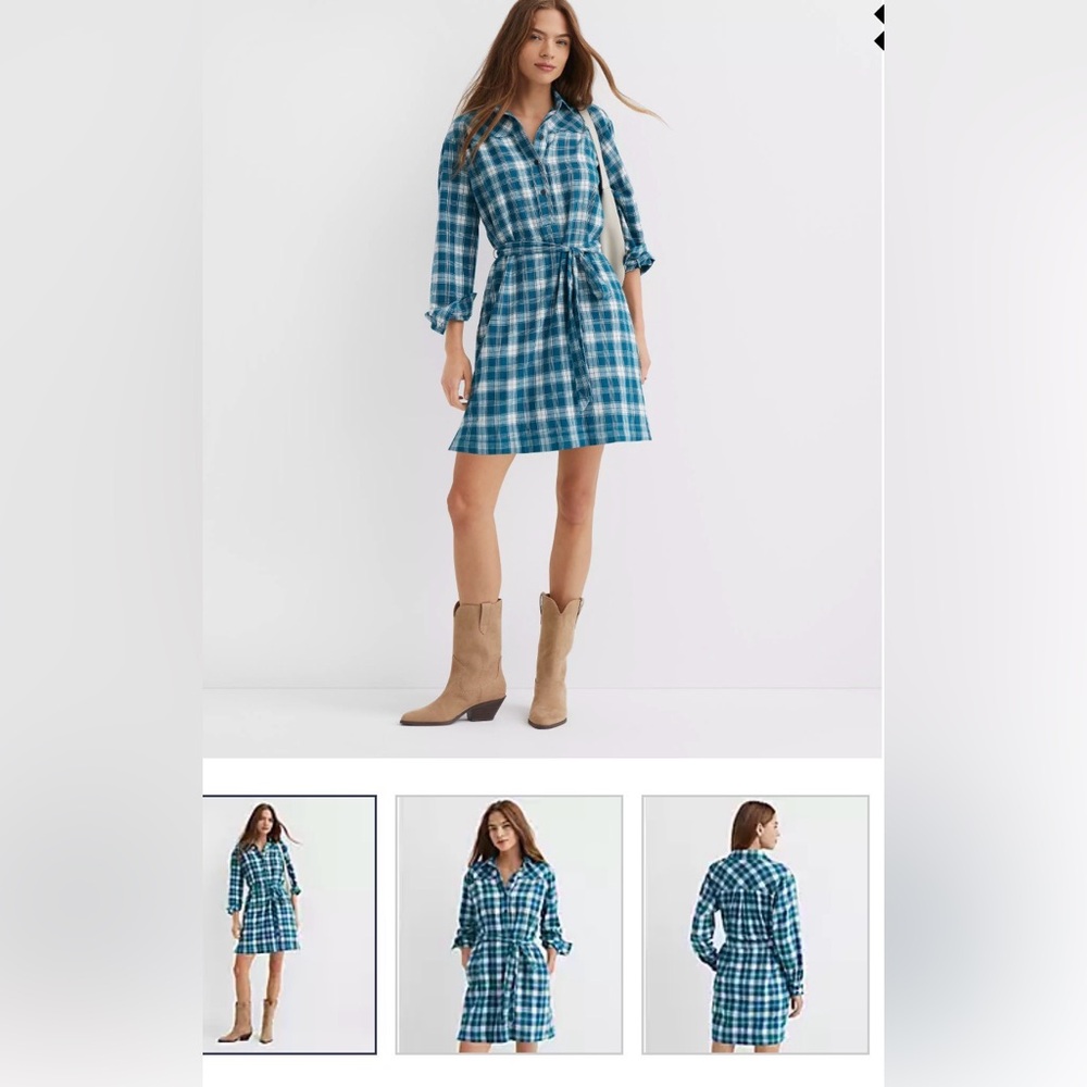 Chic Teal Plaid Long Sleeve Dress